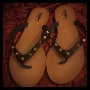 Black w/gold pyramid stud flip-flop sandals